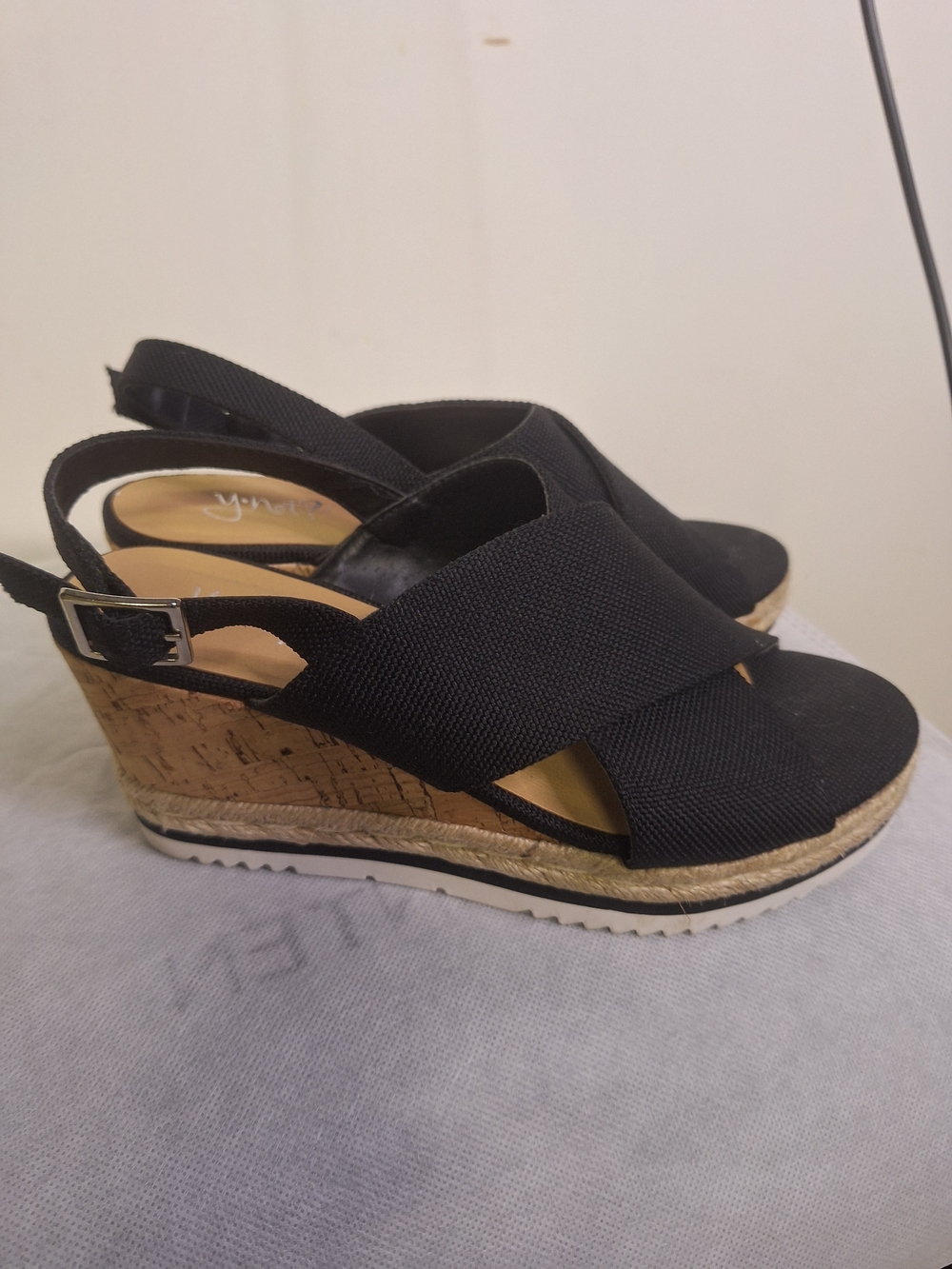 Black Cork Wedge Sandals with Crisscross Straps Size 6.5 Y.Not Brand